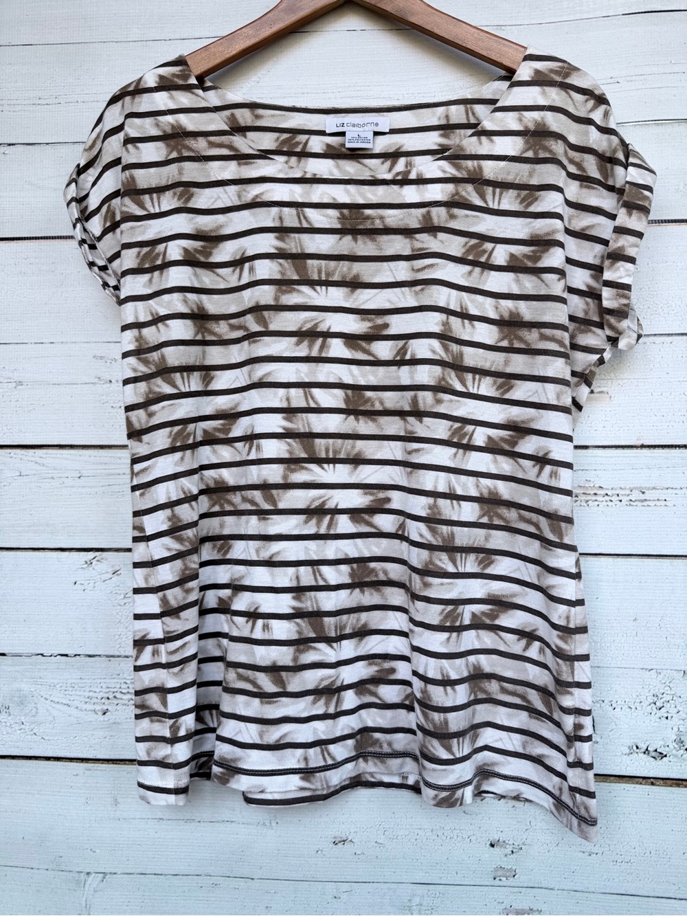Liz Claiborne Women's Striped Palm Pattern Short Sleeve Top Large